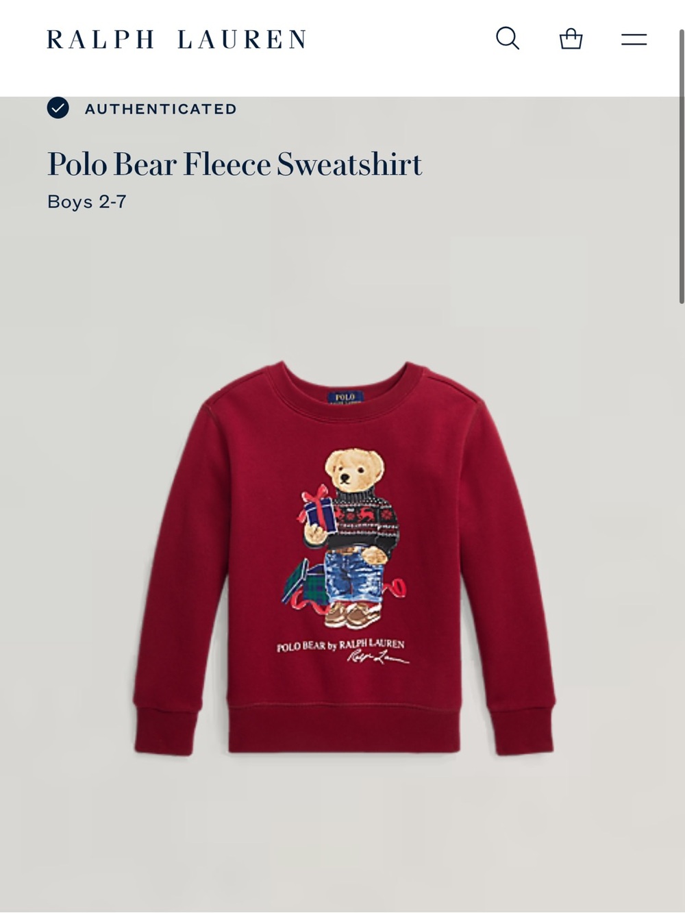 NWOT Boys Ralph Lauren Polo Red Crewneck Sweatshirt w/Polo Bear - Authenticated